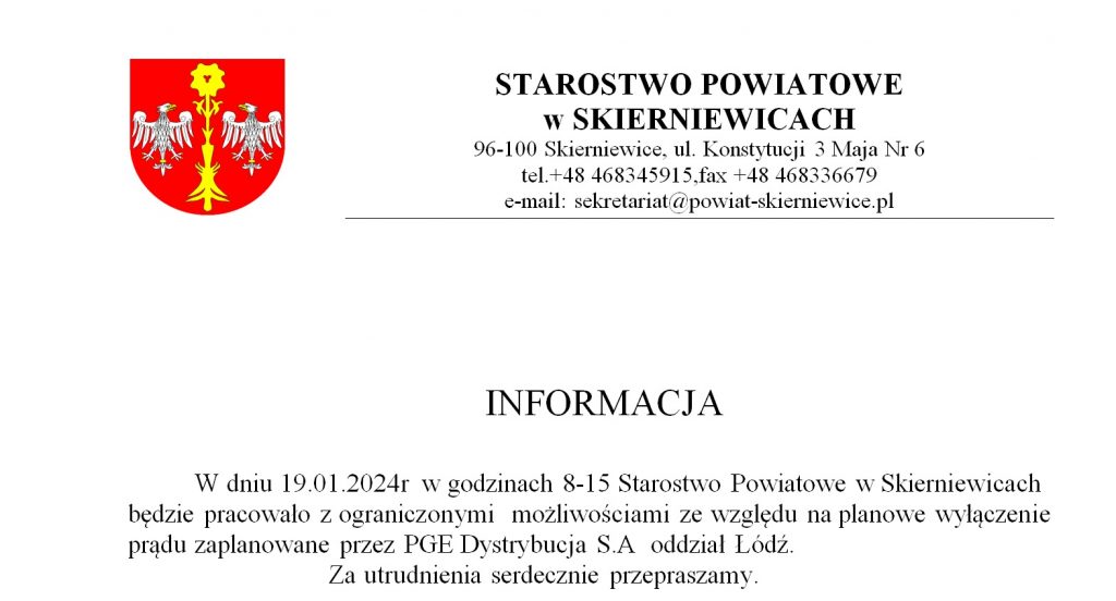 Wylaczenia, Starostwo Powiatowe w Skierniewicach