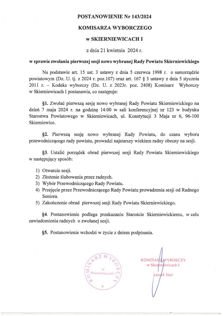I Sesja Powiat Skierniewicki, Starostwo Powiatowe w Skierniewicach