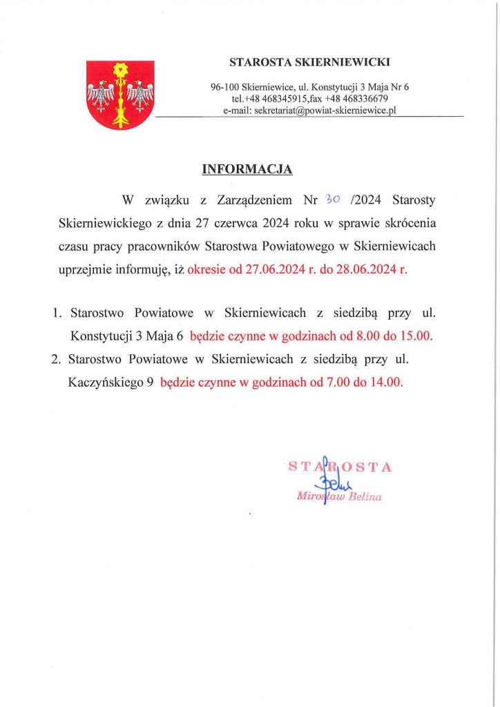 Informacja Skrocenie Czasu Pracy, Starostwo Powiatowe w Skierniewicach